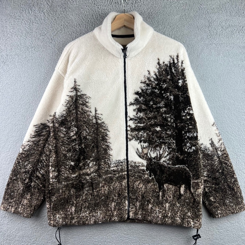 Bear Ridge Outfitters Moose Fleece Jacket Small White Brown Made in USA Zip Up